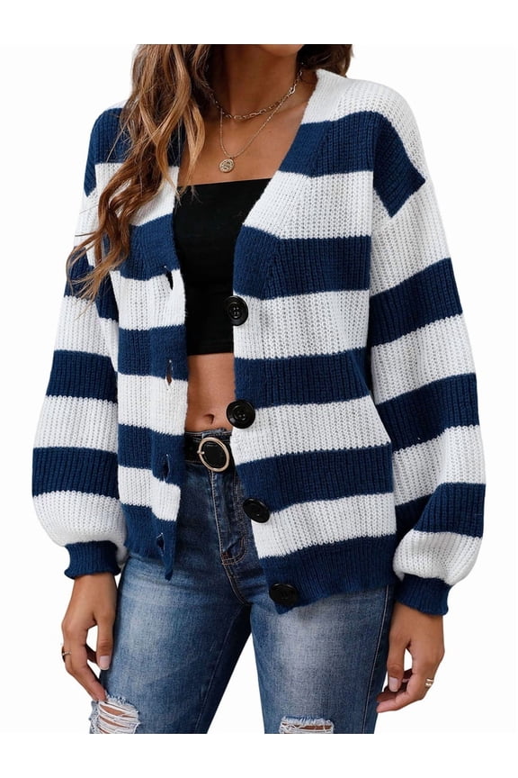Women'S Winter Striped Cardigan Sweaters Long Sleeve Button Down Open Front Chunky Knit Oversized Sweater Coat Blue M