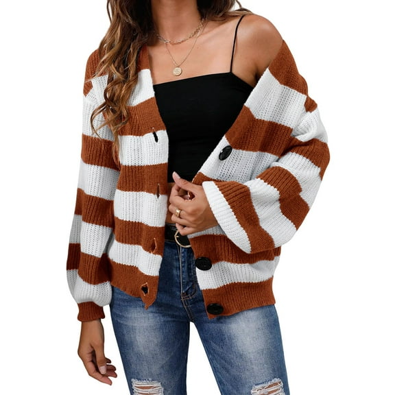 Women'S Winter Striped Cardigan Sweaters Long Sleeve Button Down Open Front Chunky Knit Oversized Sweater Coat Brown M