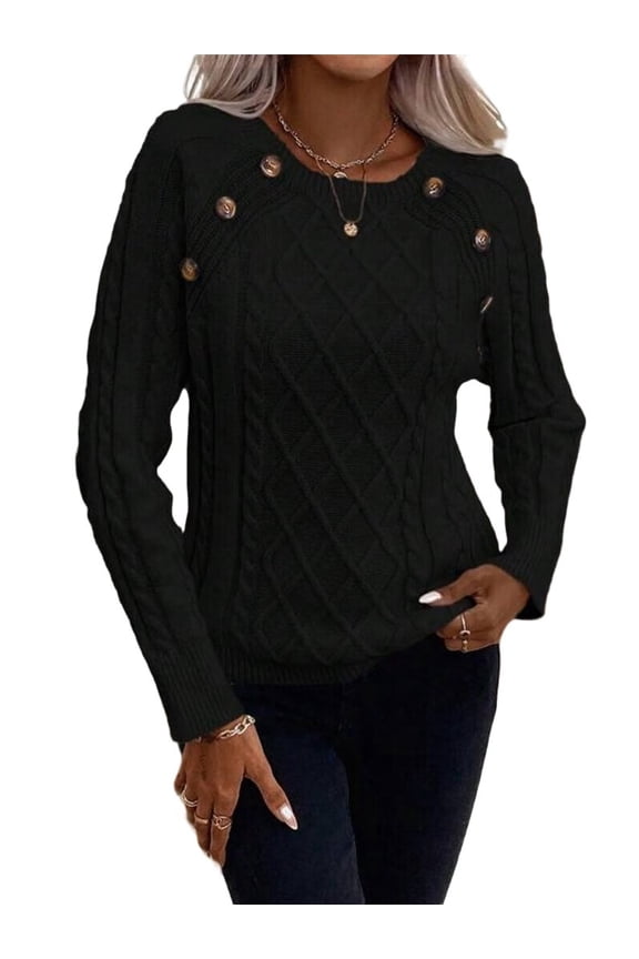 Women'S Winter Sweaters Trendy Knit Button Detail Raglan Sleeve Sweater Fashion Sweater Black L