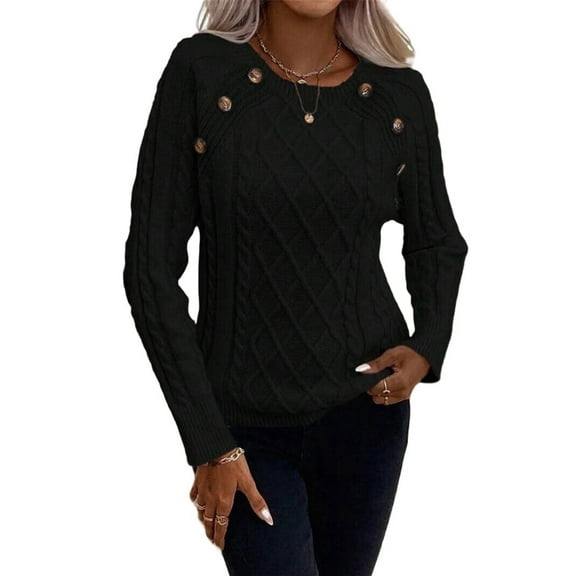 Women'S Winter Sweaters Trendy Knit Button Detail Raglan Sleeve Sweater Fashion Sweater Black M