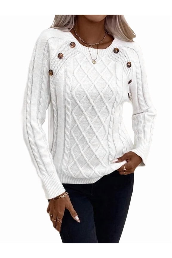 Women'S Winter Sweaters Trendy Knit Button Detail Raglan Sleeve Sweater Fashion Sweater White L
