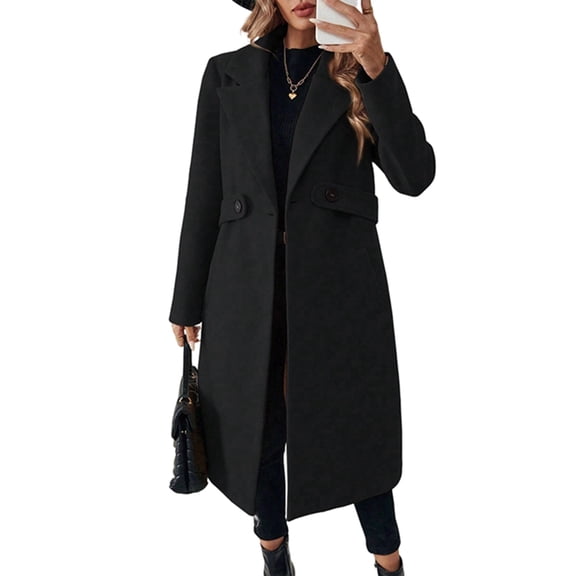 Women'S Winter Wool Blend Coat Lapel Mid Long Single Breasted Pea Coat Jacket Outwear Black L