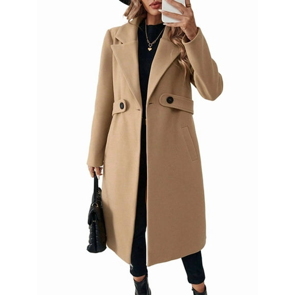 Women'S Winter Wool Blend Coat Lapel Mid Long Single Breasted Pea Coat Jacket Outwear Camel Color M