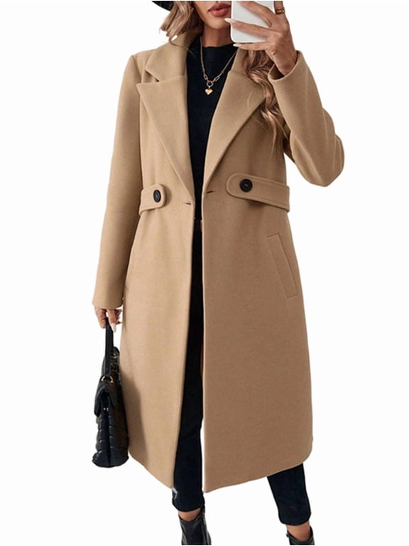 Women'S Winter Wool Blend Coat Lapel Mid Long Single Breasted Pea Coat Jacket Outwear Camel Color M