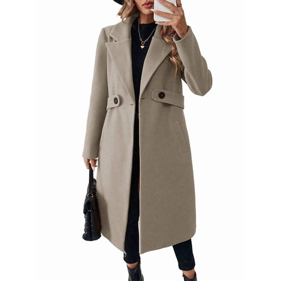 Women'S Winter Wool Blend Coat Lapel Mid Long Single Breasted Pea Coat Jacket Outwear Khaki L