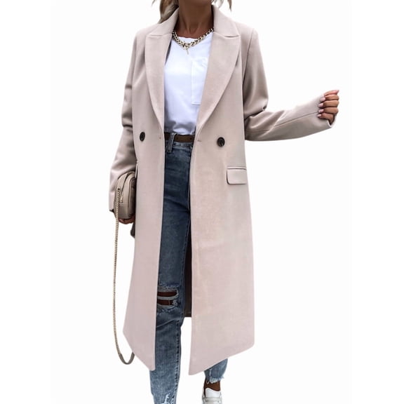 Women'S Winter Wool Coat Casual Lapel Single-Breasted Peacoat Beige L