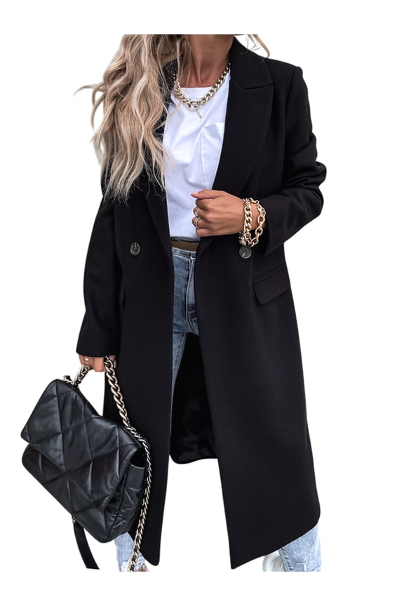 Women'S Winter Wool Coat Casual Lapel Single-Breasted Peacoat Black S