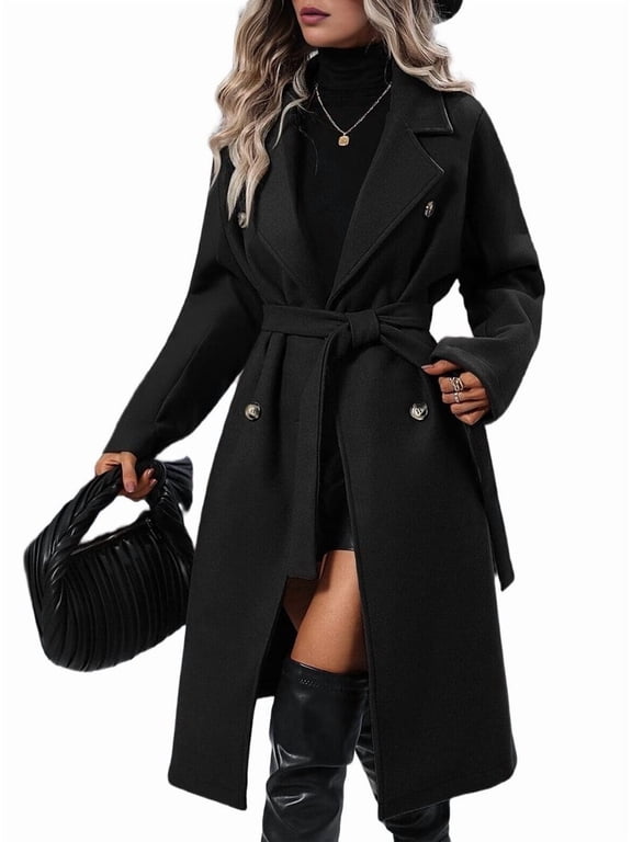 Women'S Wool Pea Coat Double Breasted Fleece Trench Coat Mid Long Winter Wool Blend Overcoat Dressy Outfit Black L