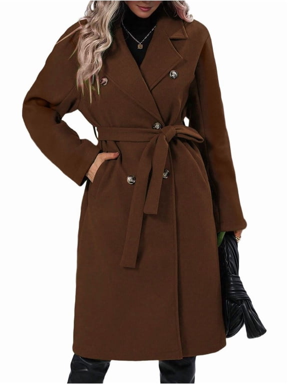 Women'S Wool Pea Coat Double Breasted Fleece Trench Coat Mid Long Winter Wool Blend Overcoat Dressy Outfit Dark Brown M