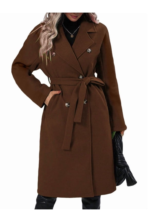 Women'S Wool Pea Coat Double Breasted Fleece Trench Coat Mid Long Winter Wool Blend Overcoat Dressy Outfit Dark Brown XL