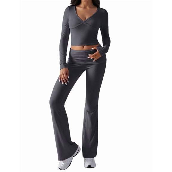 Women'S Workout 2 Piece Lounge Sets Long Sleeve Tops Foldover Flare Pants Casual Outfits Tracksuit Dark Gray XL
