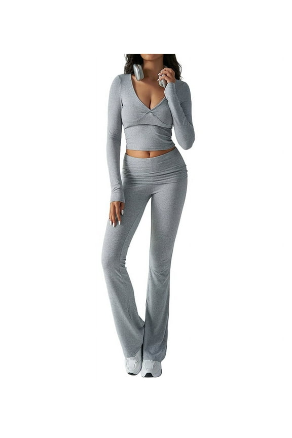 Women'S Workout 2 Piece Lounge Sets Long Sleeve Tops Foldover Flare Pants Casual Outfits Tracksuit Grey L