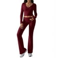 thumbnail image 1 of Women'S Workout 2 Piece Lounge Sets Long Sleeve Tops Foldover Flare Pants Casual Outfits Tracksuit Wine Red XS, 1 of 8