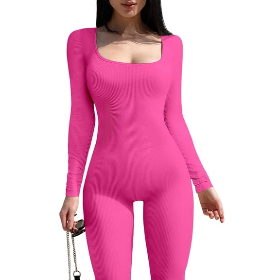 Women'S Workout Seamless Jumpsuit Yoga Ribbed One-Piece Long Sleeve Leggings Romper Rose Red XXXL