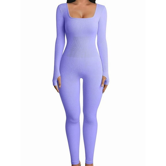 Women'S Workout Seamless Jumpsuit Yoga Ribbed One-Piece Long Sleeve Leggings Romper XXXL