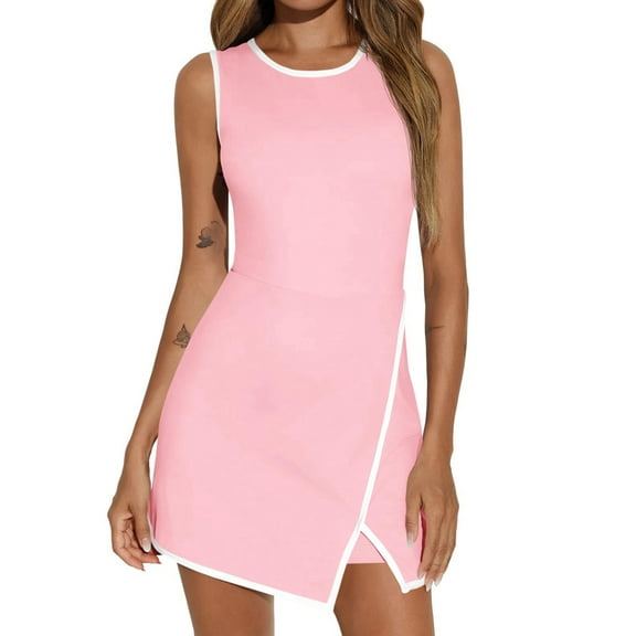 Women'S Workout Tennis Dress with Built-in Bra & Shorts Pockets Sleeveless Crewneck Golf Athletic Mini Dresses Pink L