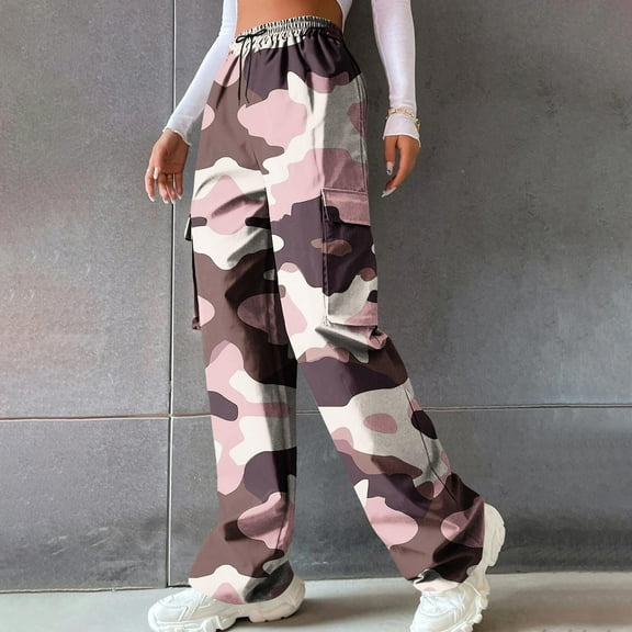 Women’S Workwear Pants Trendy Camouflage Elastic Waist Straight Tube Drawstring Lightweight Cargo Pants With Pocket Pink L