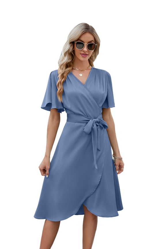Women'S Wrap Dress V Neck Short Sleeve Waist Tie Ruffle Split Midi Casual Dress Gray Blue L