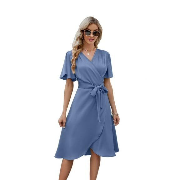 Women'S Wrap Dress V Neck Short Sleeve Waist Tie Ruffle Split Midi Casual Dress Gray Blue XL