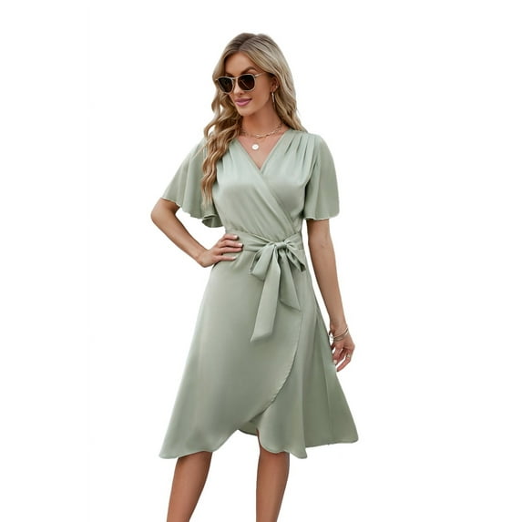 Women'S Wrap Dress V Neck Short Sleeve Waist Tie Ruffle Split Midi Casual Dress Light green XL