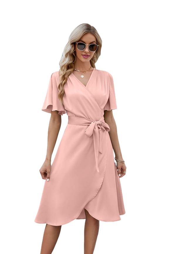 Women'S Wrap Dress V Neck Short Sleeve Waist Tie Ruffle Split Midi Casual Dress pink M