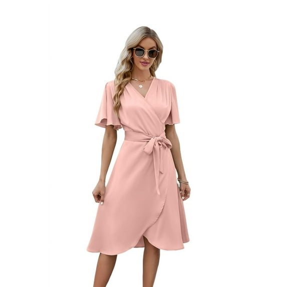 Women'S Wrap Dress V Neck Short Sleeve Waist Tie Ruffle Split Midi Casual Dress pink S