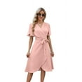 thumbnail image 1 of Women'S Wrap Dress V Neck Short Sleeve Waist Tie Ruffle Split Midi Casual Dress pink XL, 1 of 9