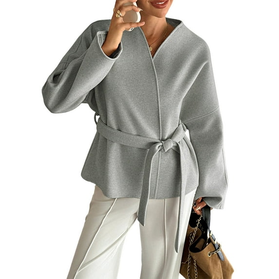 Women'S Wrap V Neck Long Sleeve Tie Front Belted Cardigan Casual Sweater Grey L