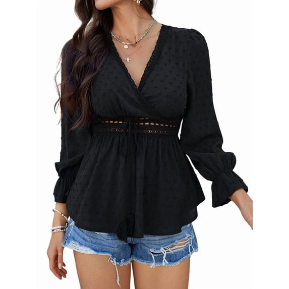 Women'S Wrap V Neck Puff Long Sleeve Blouse Top Puff Sleeve Ruffle Hem Casual Spring Summer T-Shirt Top Black S