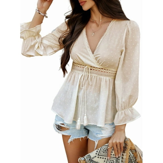 Women'S Wrap V Neck Puff Long Sleeve Blouse Top Puff Sleeve Ruffle Hem Casual Spring Summer T-Shirt Top L