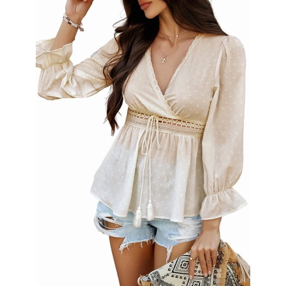 Women'S Wrap V Neck Puff Long Sleeve Blouse Top Puff Sleeve Ruffle Hem Casual Spring Summer T-Shirt Top  M