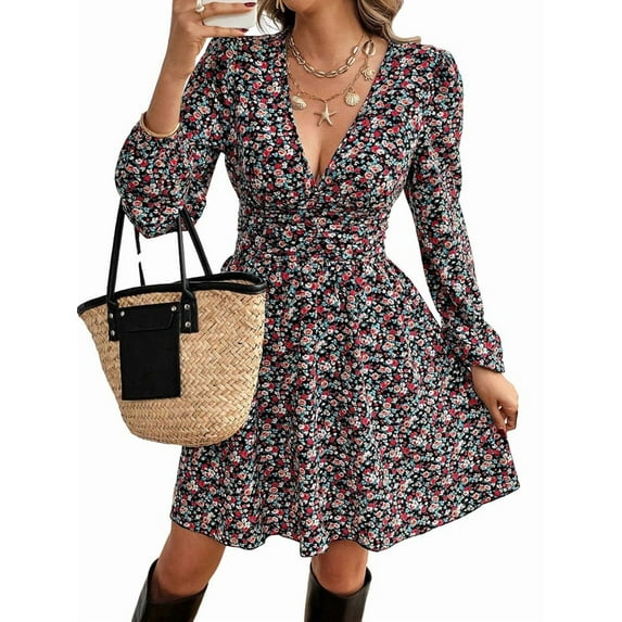 Women'S Wrap V Neck Short Sleeve Ruffle Hem A Line Short Dress Color S