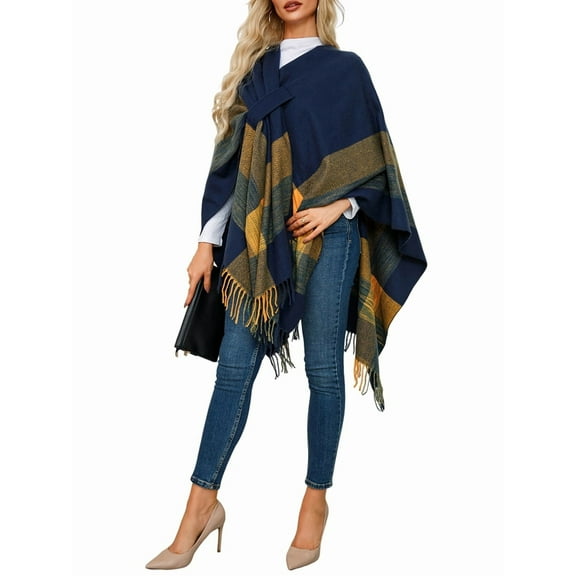 Women'S Wraps Open Front Travel Poncho Cape Warm Oversized Plaid Sweaters Casual Cardigan Shawls Navy Blue One Size