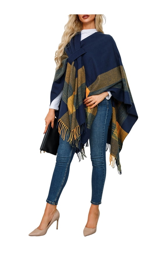 Women'S Wraps Open Front Travel Poncho Cape Warm Oversized Plaid Sweaters Casual Cardigan Shawls Navy Blue One size