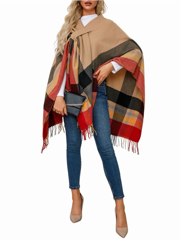 Women'S Wraps Open Front Travel Poncho Cape Warm Oversized Plaid Sweaters Casual Cardigan Shawls Yellow One size