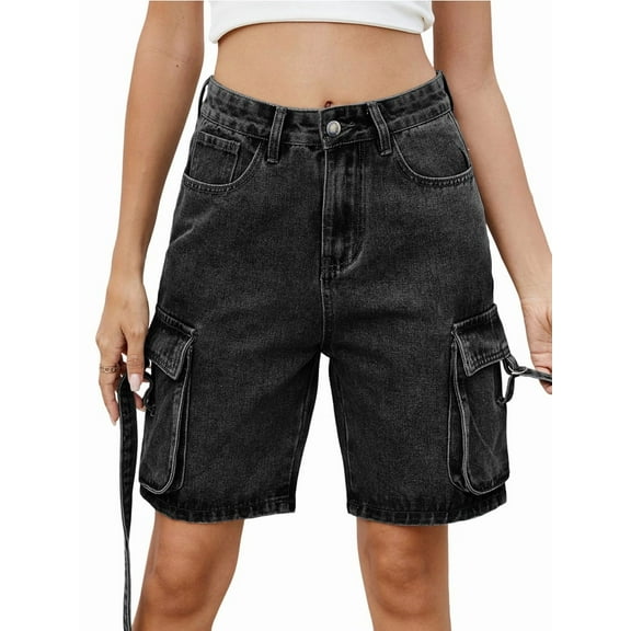 Women'S Y2K Baggy with Multi Pockets Bermuda Wide Leg Knee Length Long Jean Shorts Streetwear Jorts Black Grey S