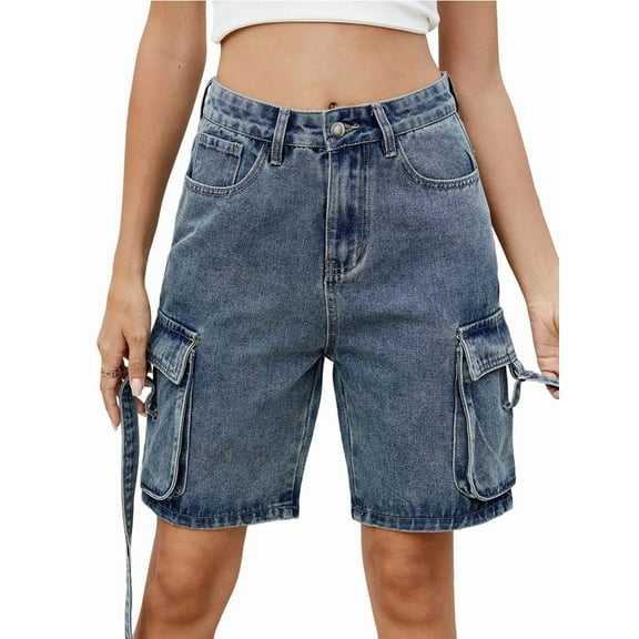 Women'S Y2K Baggy with Multi Pockets Bermuda Wide Leg Knee Length Long Jean Shorts Streetwear Jorts Blue M