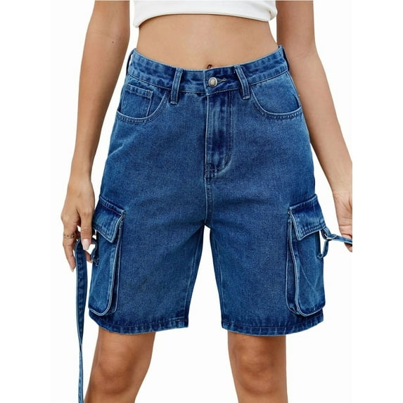 Women'S Y2K Baggy with Multi Pockets Bermuda Wide Leg Knee Length Long Jean Shorts Streetwear Jorts Dark Blue M