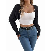 Women'S Y2K Crochet Shrug Sweater Open Front Long Sleeves Batwing Knit Cropped Cardigan Black M