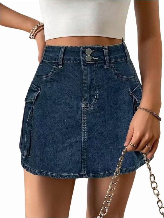 Women'S Y2K Denim Cargo Skort - High Waisted Mini Skirt Shorts with Multifunctional Pockets Blue L