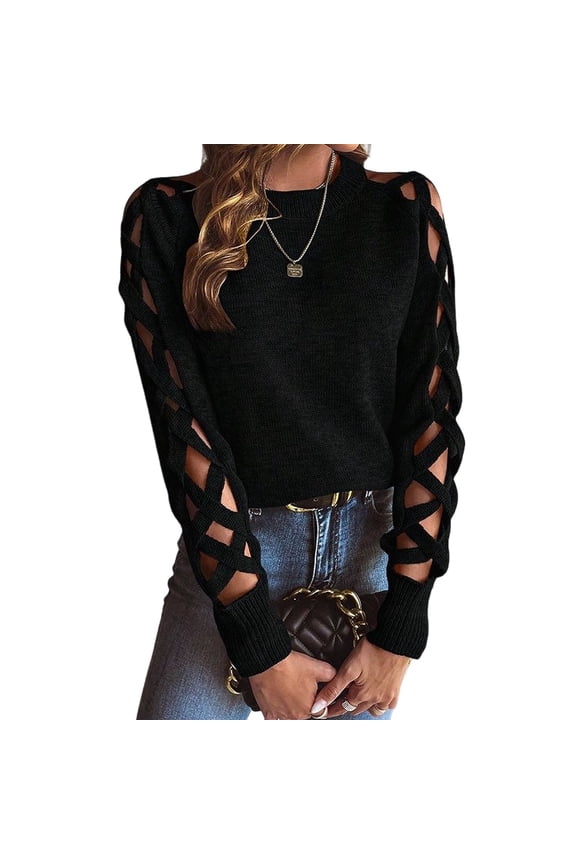 Women'S Y2K Fashion Solid Color Hollow Raglan Sleeve Crew Neck Sweater Black L
