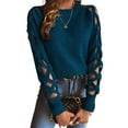 thumbnail image 1 of Women'S Y2K Fashion Solid Color Hollow Raglan Sleeve Crew Neck Sweater Blue S, 1 of 9