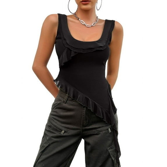 Women'S Y2K Going Out Crop Top Summer Sleeveless Asymmetrical Mesh Tank Top Fitted Party Tops Black L