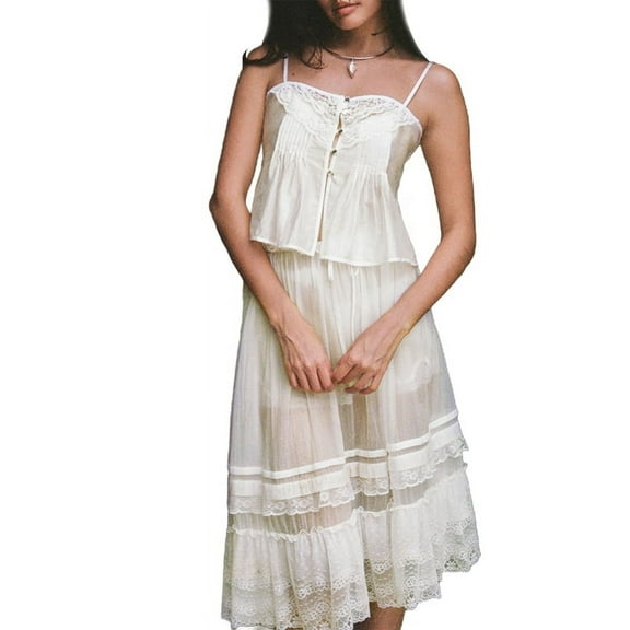 Women'S Y2K Lace Trim Spaghetti Strap - Tops Casual Summer Camisole White M
