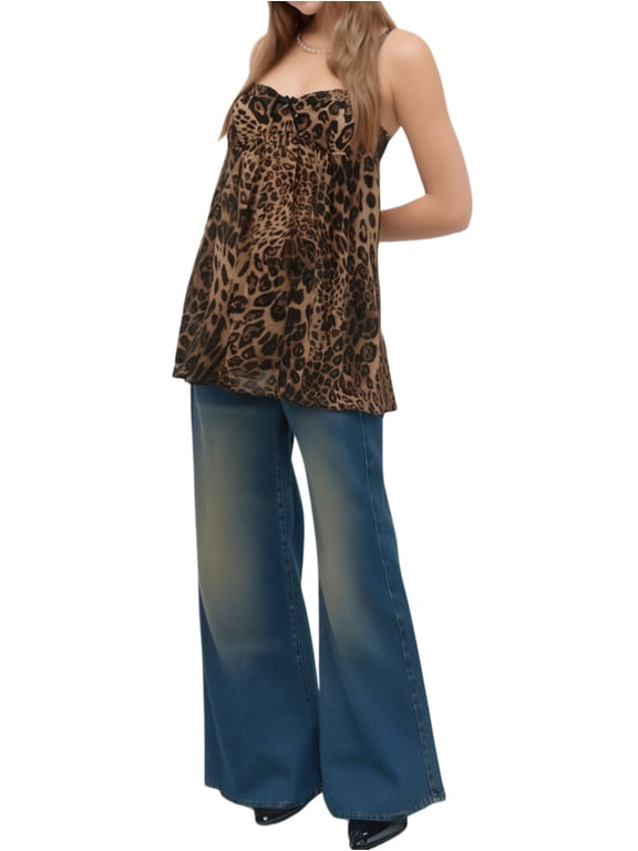Women'S Y2K Leopard Print Babydoll Camis Tops Strappy Flowy Peplum Tank Tops Camisole Leopard Print S