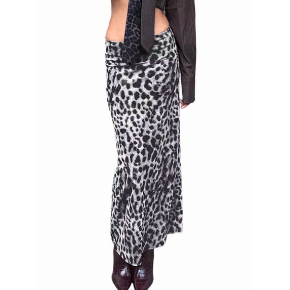 Women'S Y2K Leopard Print Skirts Ruched Maxi Skirt Mesh Sheer High Waisted Long Bodycon Skirt Black S