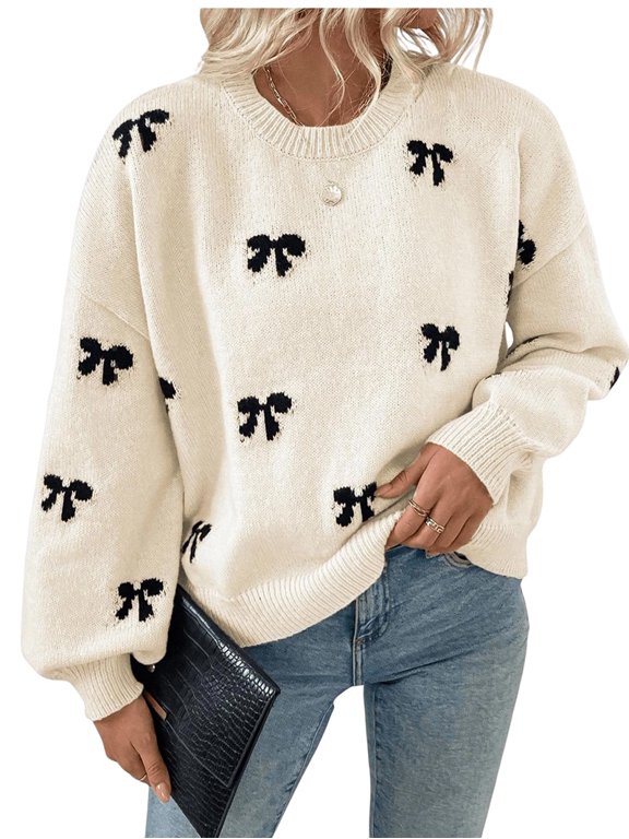 Women'S Y2K Sweater Cozy Fall Sweaters Knit Crewneck Long Sleeve Drop Shoulder Pullovers Milky White S