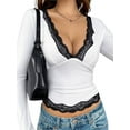 thumbnail image 1 of Women'S Y2K Trendy Long Sleeve Top Chic V-Neck Blouse with Elegant Lace Trim Comfortable Shirt for Any Occasion‌ White M, 1 of 8