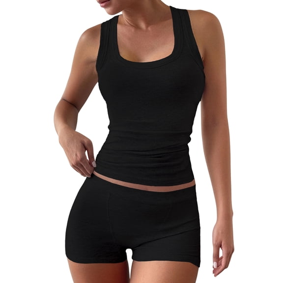 Women'S Y2K Yoga Slim Fit Tank Top and Shorts 2 Piece Workout Set Athletic Gym Outfit Black L