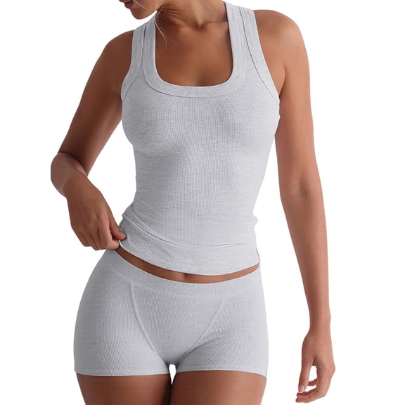 Women'S Y2K Yoga Slim Fit Tank Top and Shorts 2 Piece Workout Set Athletic Gym Outfit White Flower Ash L